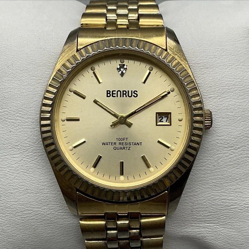 Vintage Benrus President Mens Watch 37mm Gold Tone Date New Battery 7.5